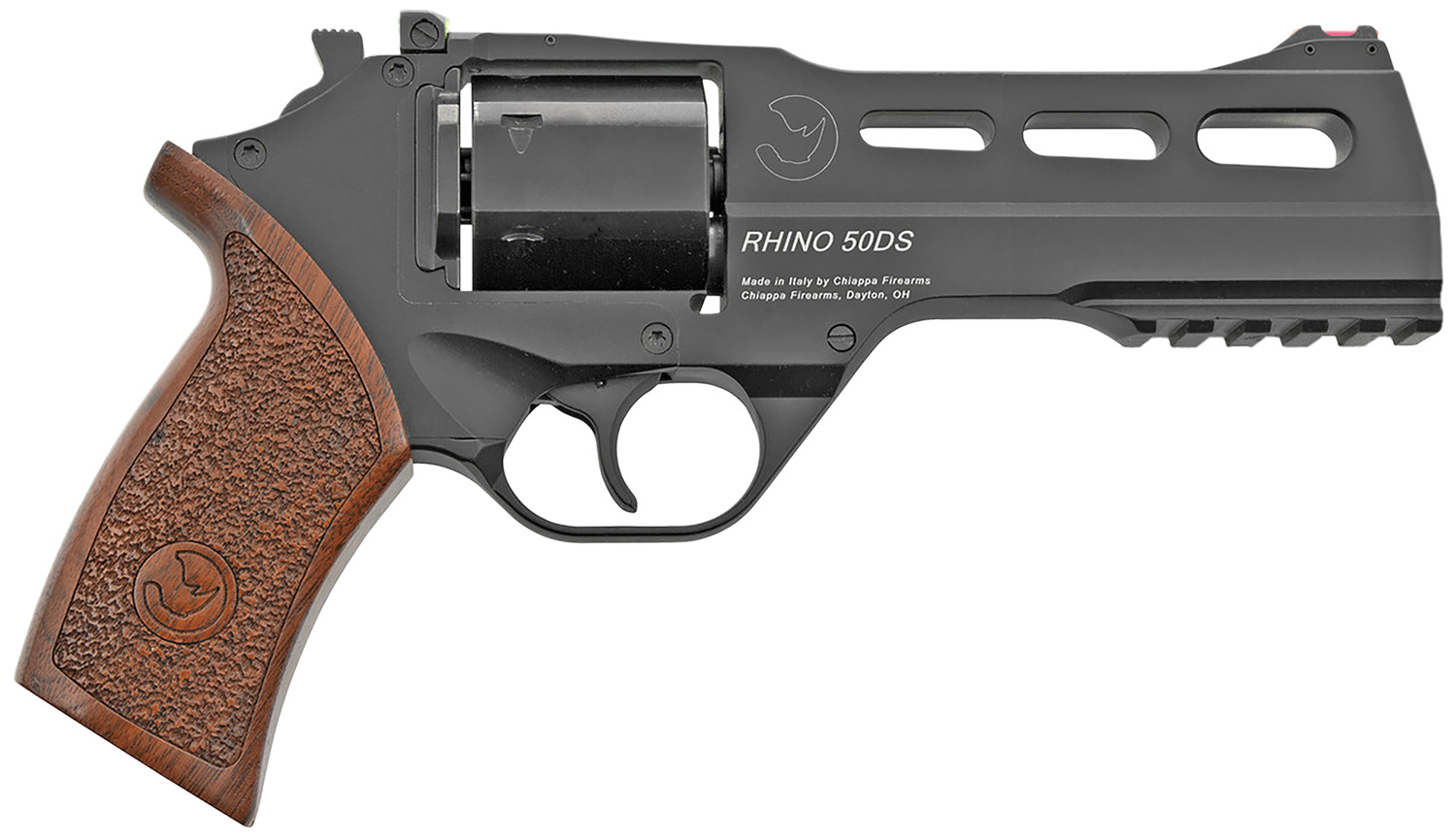 Chiappa Firearms 340220 Rhino 50DS Small Frame 357 Mag 6 Shot, 5″ Black Anodized Steel Vent Rib Barrel, Blued Steel Cylinder, Black Anodized Aluminum Frame, Walnut Grip, Concealed Hammer