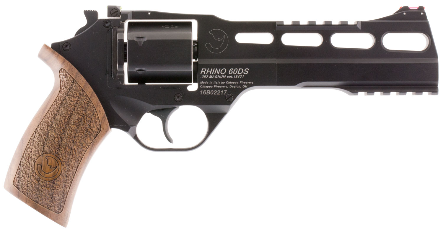 Chiappa Firearms 340221 Rhino 60DS Small Frame 357 Mag 6 Shot, 6″ Black Anodized Steel Vent Rib Barrel, Blued Steel Cylinder, Black Anodized Aluminum Frame, Walnut Grip, Concealed Hammer