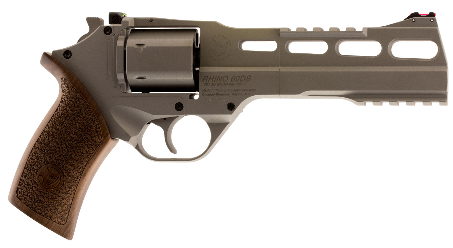 Chiappa Firearms CF340249 Rhino 60SAR *CA Compliant 357 Mag 6 Shot 6″ Nickel-Plated Steel Barrel & Cylinder, Nickel-Plated Aluminum Frame & Barrel Shroud, Picatinny Rails, Walnut Grip