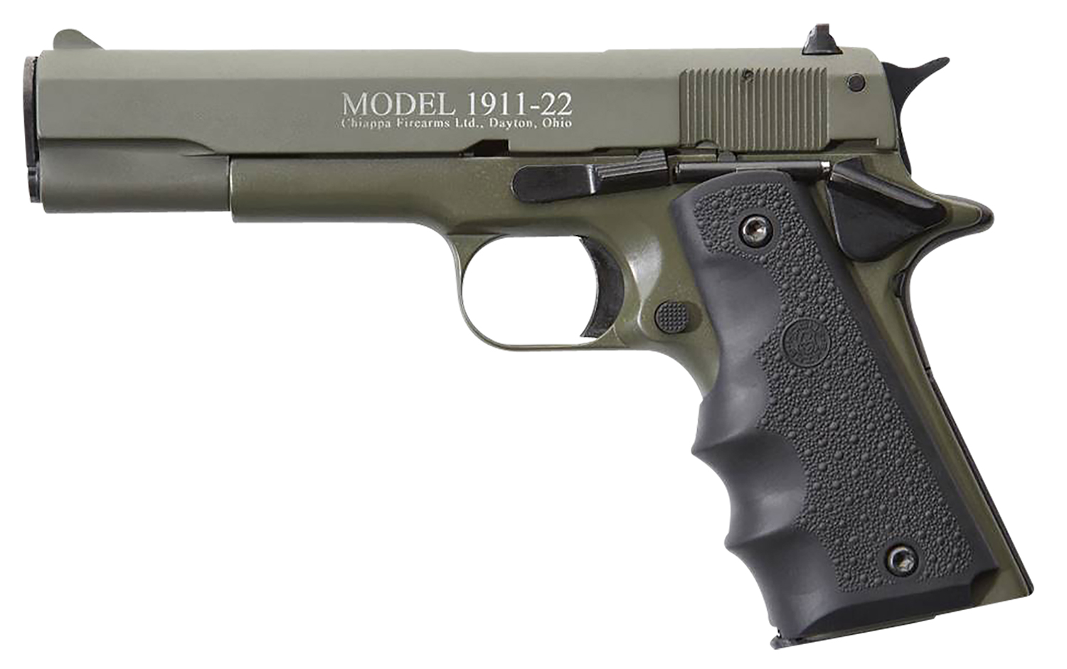 Chiappa Firearms 401121 1911-22 22 LR 10+1 5″ OD Green Serrated Steel Slide & Beavertail Frame, Black Hogue Rubber w/Finger Grooves Grip