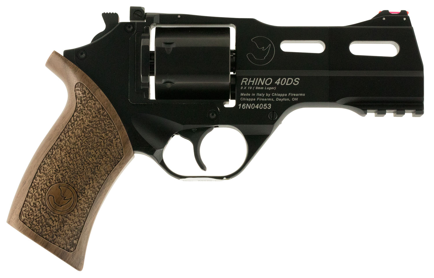 Chiappa Firearms 340165 Rhino 40DS Medium Frame 9mm Luger 6 Shot 4″ Black Anodized Steel Vent Rib Barrel, Blued Steel Cylinder, Black Anodized Aluminum Frame, Walnut Grip, Concealed Hammer