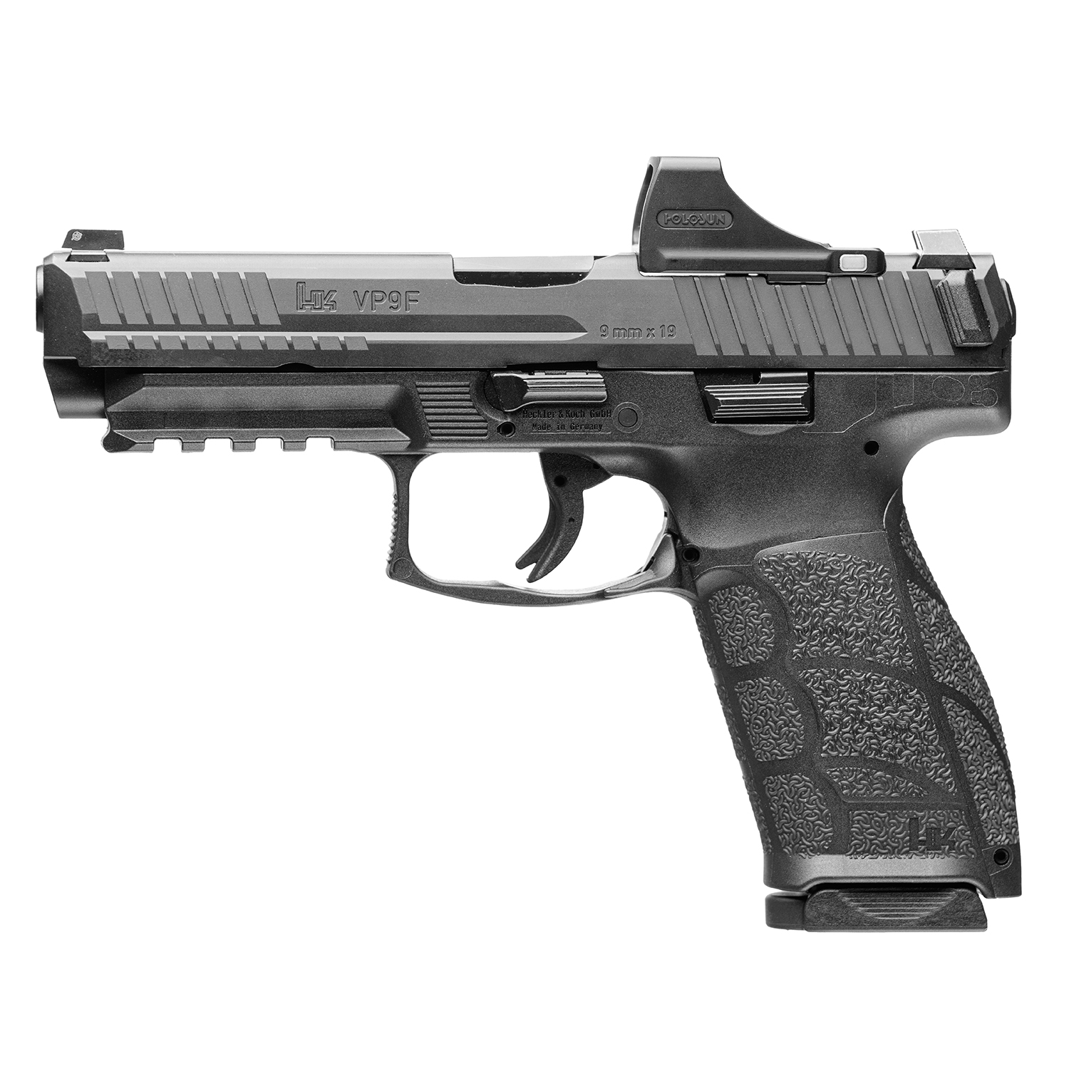 HK 81001496 VP9 A1 w/Optic Full Size 9mm Luger 10+1 4.53″ Black Steel Polygonal Rifled Barrel & Serrated w/Optic Slide, Black Polymer Frame w/Picatinny Rail, Interchangeable Backstrap Grip, Holosun SC