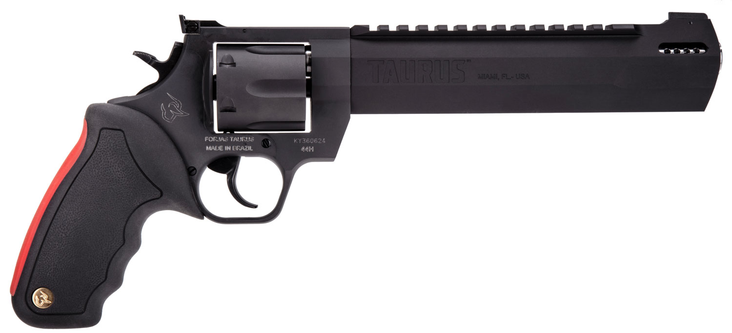 Taurus 2-440081RH Raging Hunter 44 Rem Mag 6rd 8.37″ Black Stainless Steel Barrel Matte Black Oxide Steel Frame & Cylinder Black Rubber with Integrated Red Cushion Insert Grip