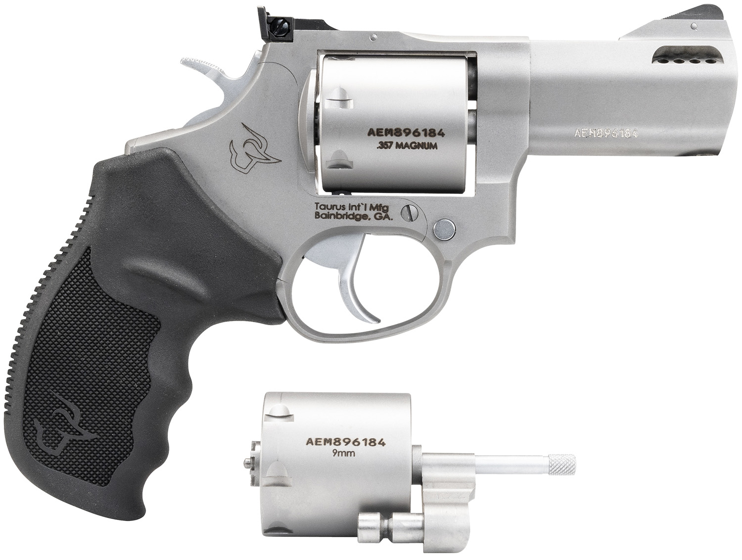 Taurus 2-692039 692 Medium 38 Special +P/357 Mag/9mm Luger 7 Shot 3″ Matte Stainless Ported Barrel, Cylinder & Frame, Black Ribber Grip, Transfer Bar Safety, Exposed Hammer, 2 Cylinders