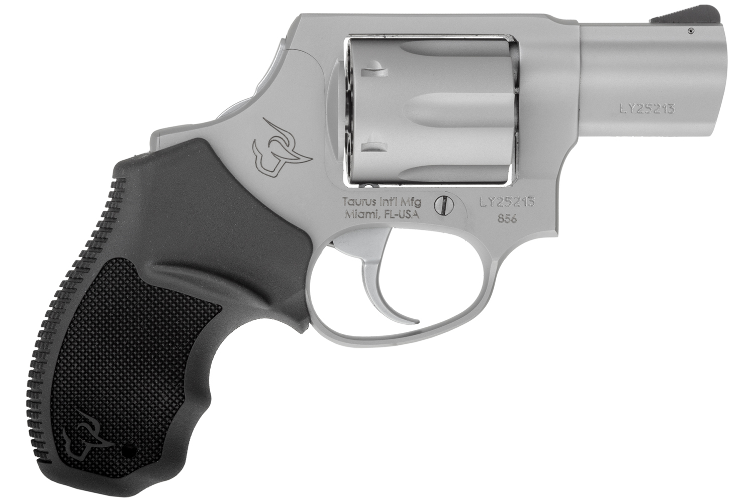 Taurus 2-856029CH 856 Small 38 Special +P 6 Shot 2″ Matte Stainless Steel Barrel, Cylinder & Frame, Black Finger Grooved Rubber Grip, Transfer Bar Safety, Concealed Hammer
