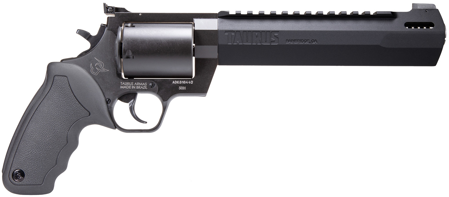 Taurus 2500081RH Raging Hunter Large Frame 500 S&W Mag 5rd 8.38″ Black Ported/Target Crown Barrel, Matte Black Oxide Cylinder, Black Steel Frame Black Rubber Grip