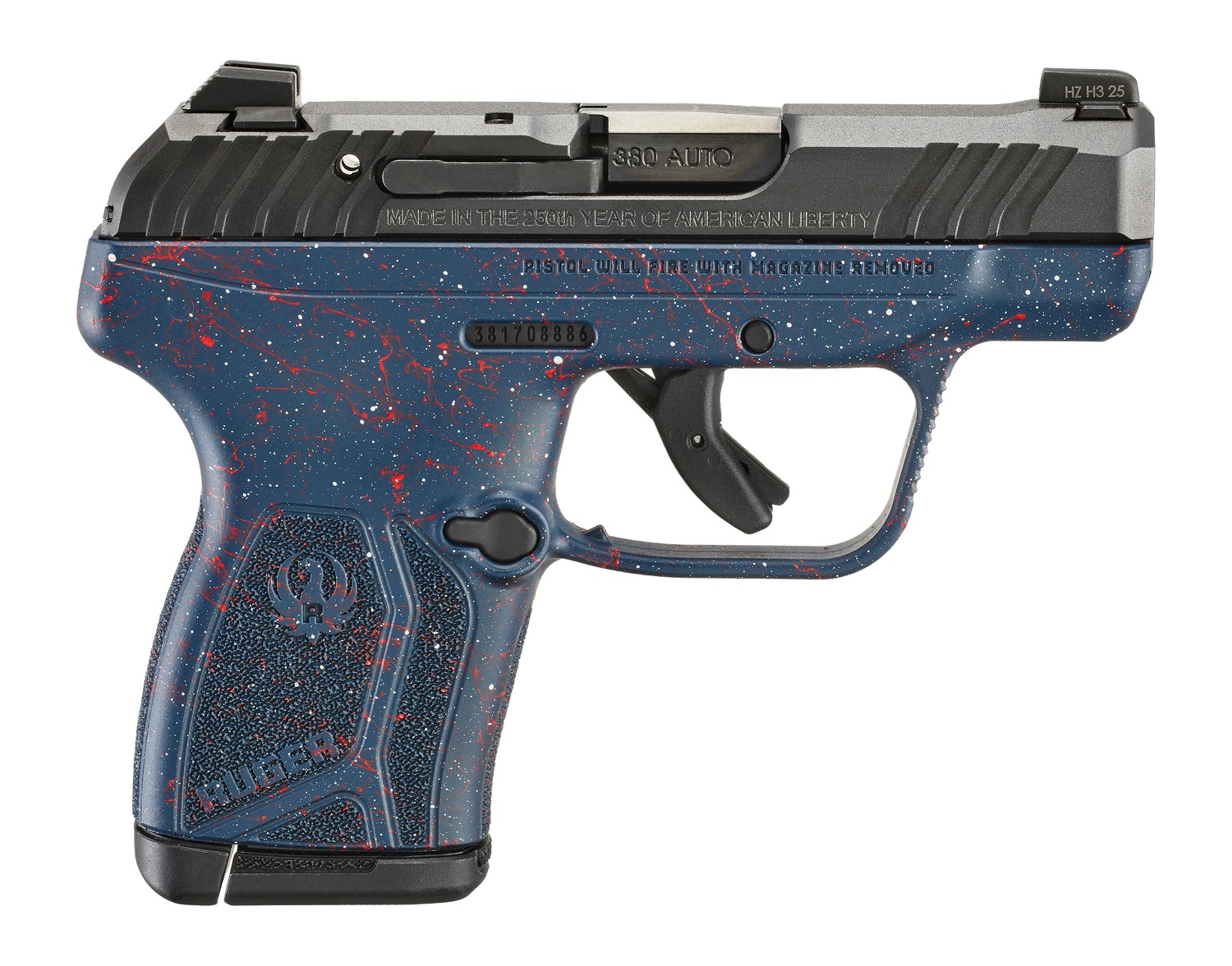 Ruger 13778 LCP Max 250th Anniversary Compact Frame 380 ACP 10+1 2.80″ Black Nitride Barrel, Black Nitride Alloy Steel Engraved/Serrated Slide, Liberty Blue w/Red & White Splatter Polymer Frame