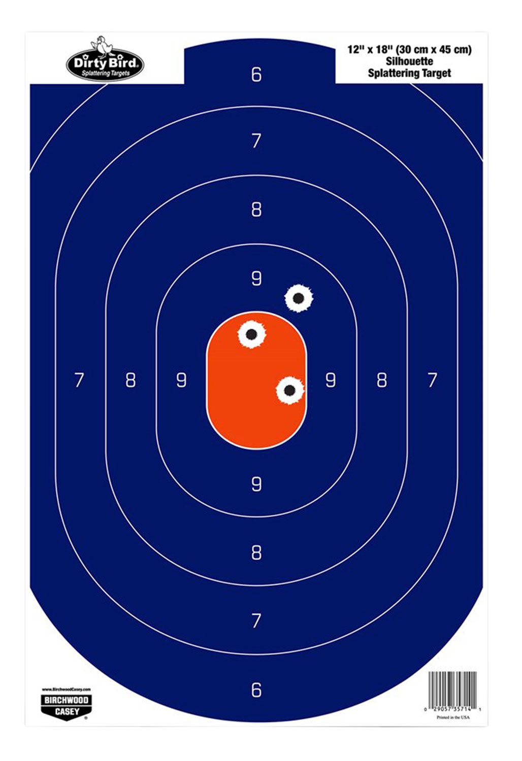 Birchwood Casey 35720 Dirty Bird  Silhouette Tagboard Hanging Pistol 12″ x 18″ Blue/Orange White Impact Splatter 50 Per Pkg