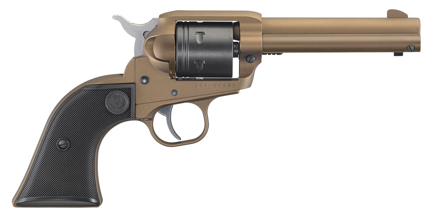 Ruger 2004 Wrangler 22 LR 6 Shot 4.62″ Burnt Bronze Cerakote Barrel, Black Cerakote Cylinder, Burnt Bronze Cerakote Frame Black Checkered Polymer Grips