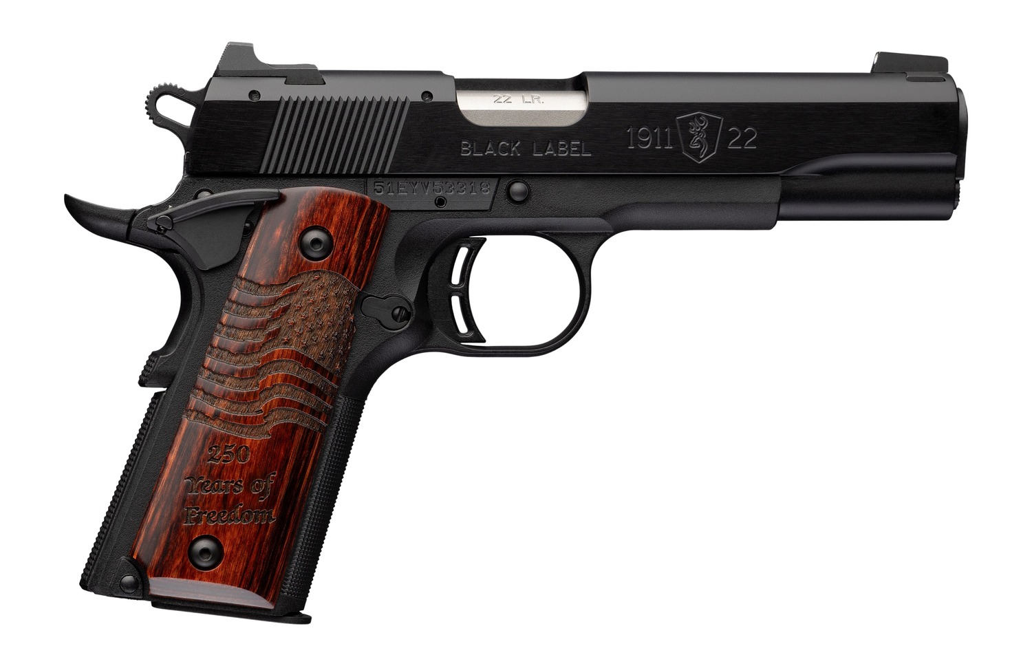 Browning 051071490 1911 Black Label Medallion 250 Full Size 22 LR 10+1 4.25″ Matte Stainless Barrel, Black Anodized Aluminum Serrated Slide, Matte Black Polymer Frame, Engraved Rosewood Grip