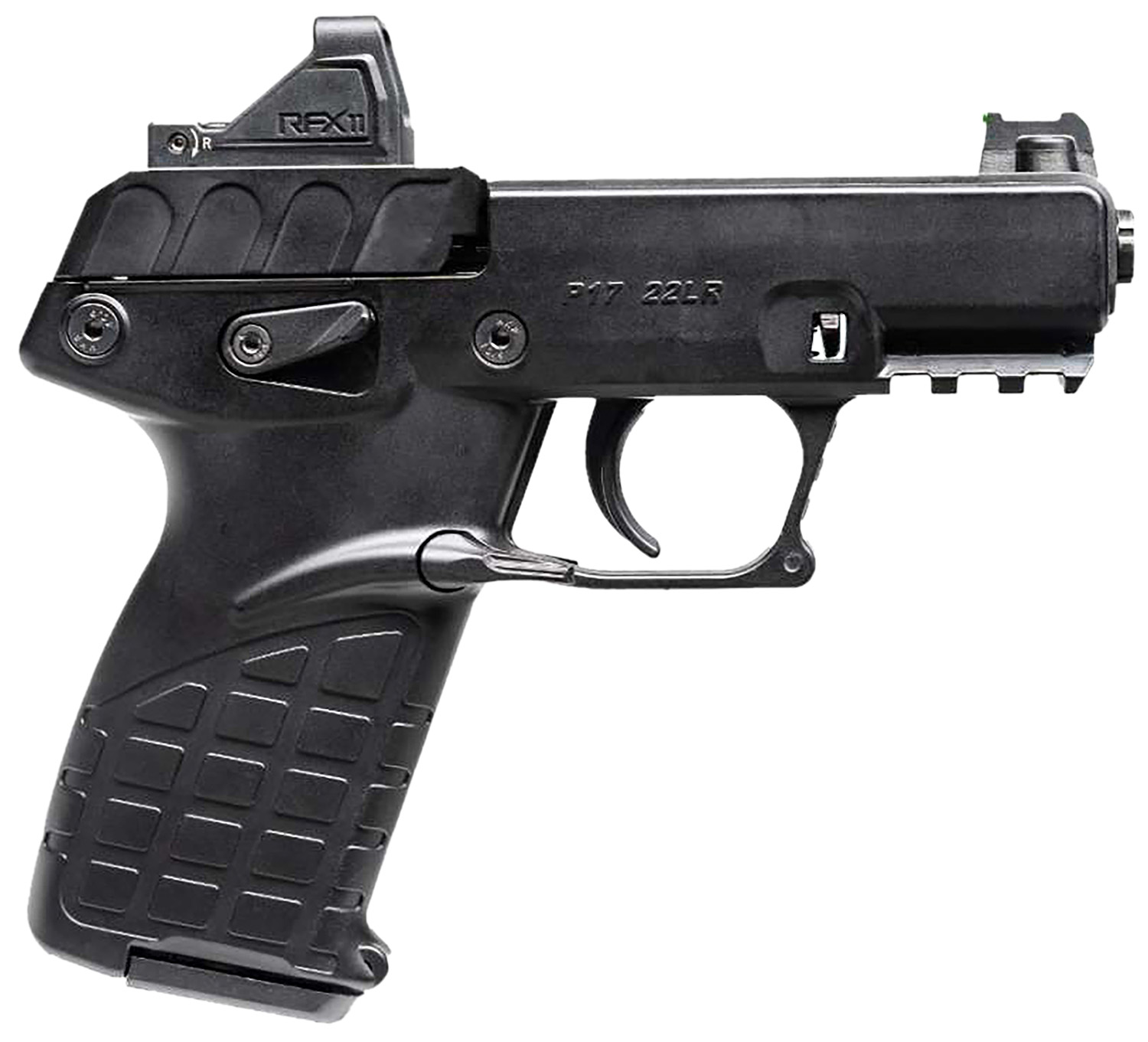 Kel-Tec P17BBLKOPTIC P17 Compact Frame 22 LR 16+1 3.80″ Black Steel Barrel, Black Serrated Steel Slide, Black Polymer Frame w/Picatinny Rail, Textured Grip, Viridian RFX-11 Green Dot, Ambidextrous