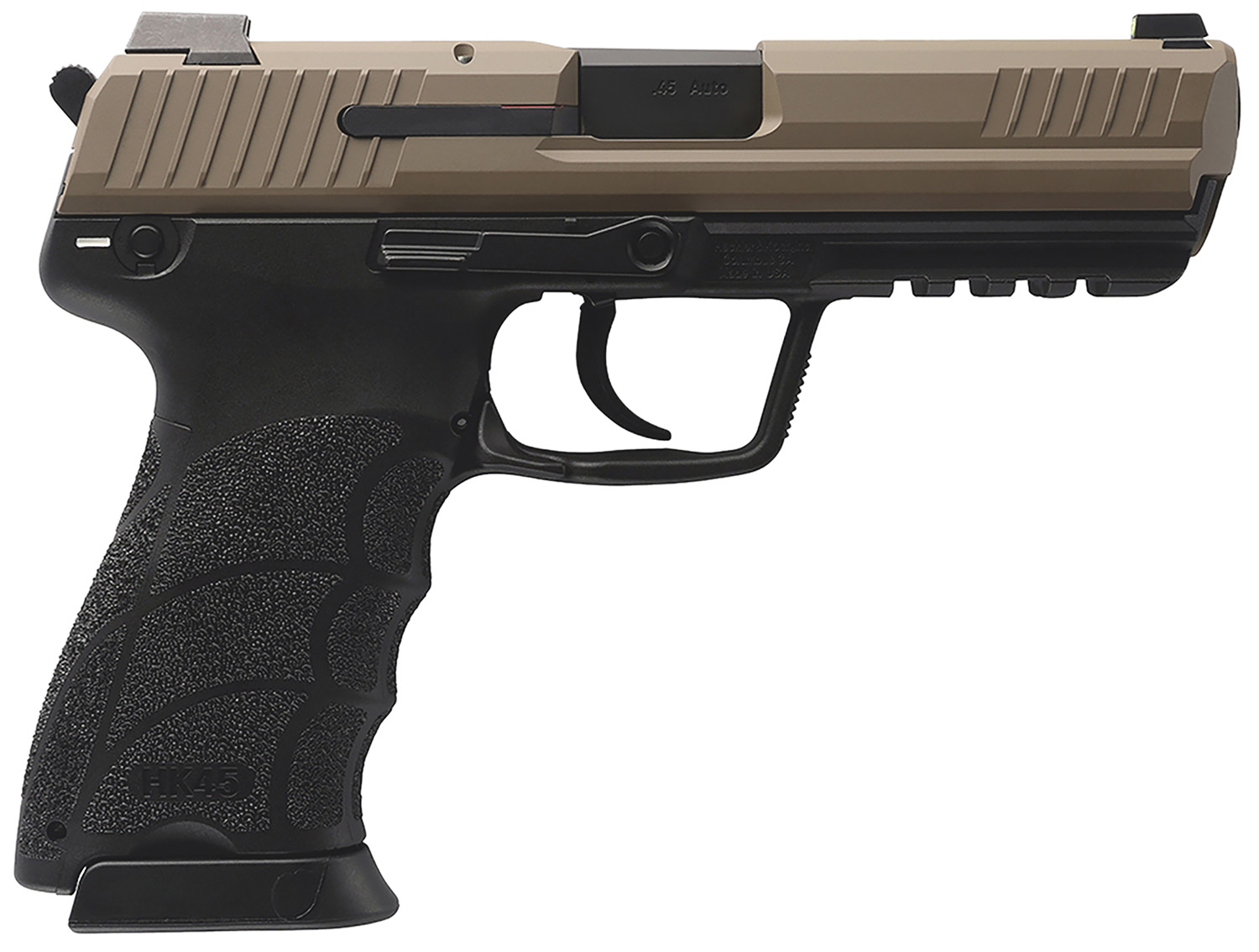 HK 81001208 HK45 V1 45 ACP 10+1 4.46″ Black Polygonal Rifled Barrel, Flat Dark Earth Cerakote Serrated Steel Slide, Flat Dark Earth Polymer Frame w/Picatinny Rail, Ambidextrous