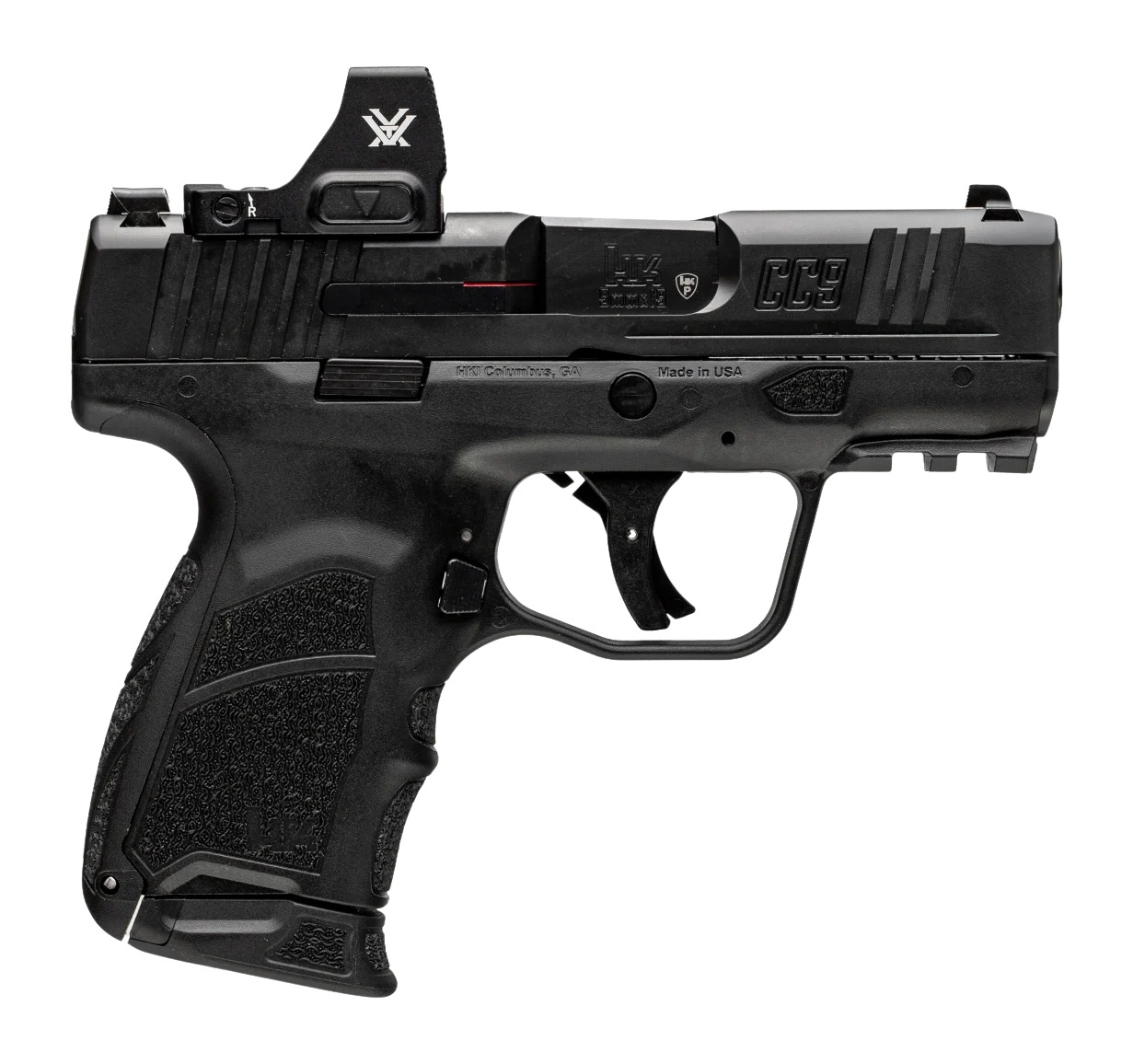 HK 81001354 CC9 w/Optic Micro Compact 9mm Luger 12+1 3.32″ Black Barrel, Black Steel Serrated w/Optic Slide, Black Polymer Frame w/Picatinny Rail, Interchangeable Backstrap Grip, Vortex CCW