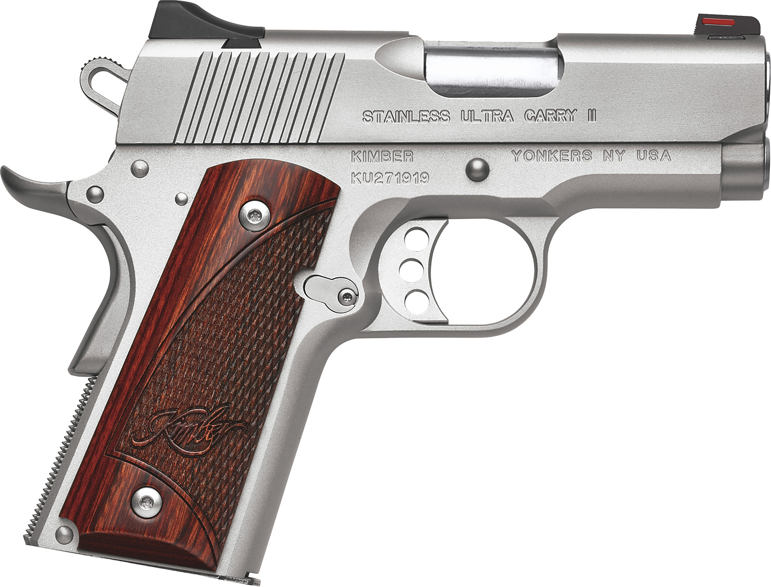 Kimber Mfg, Inc 3200330 Ultra Carry II  45 ACP 7+1 3″ Stainless Match Grade Barrel, Satin Silver Serrated Stainless Steel Slide, Satin Silver Aluminum Frame w/Beavertail, Rosewood Grip