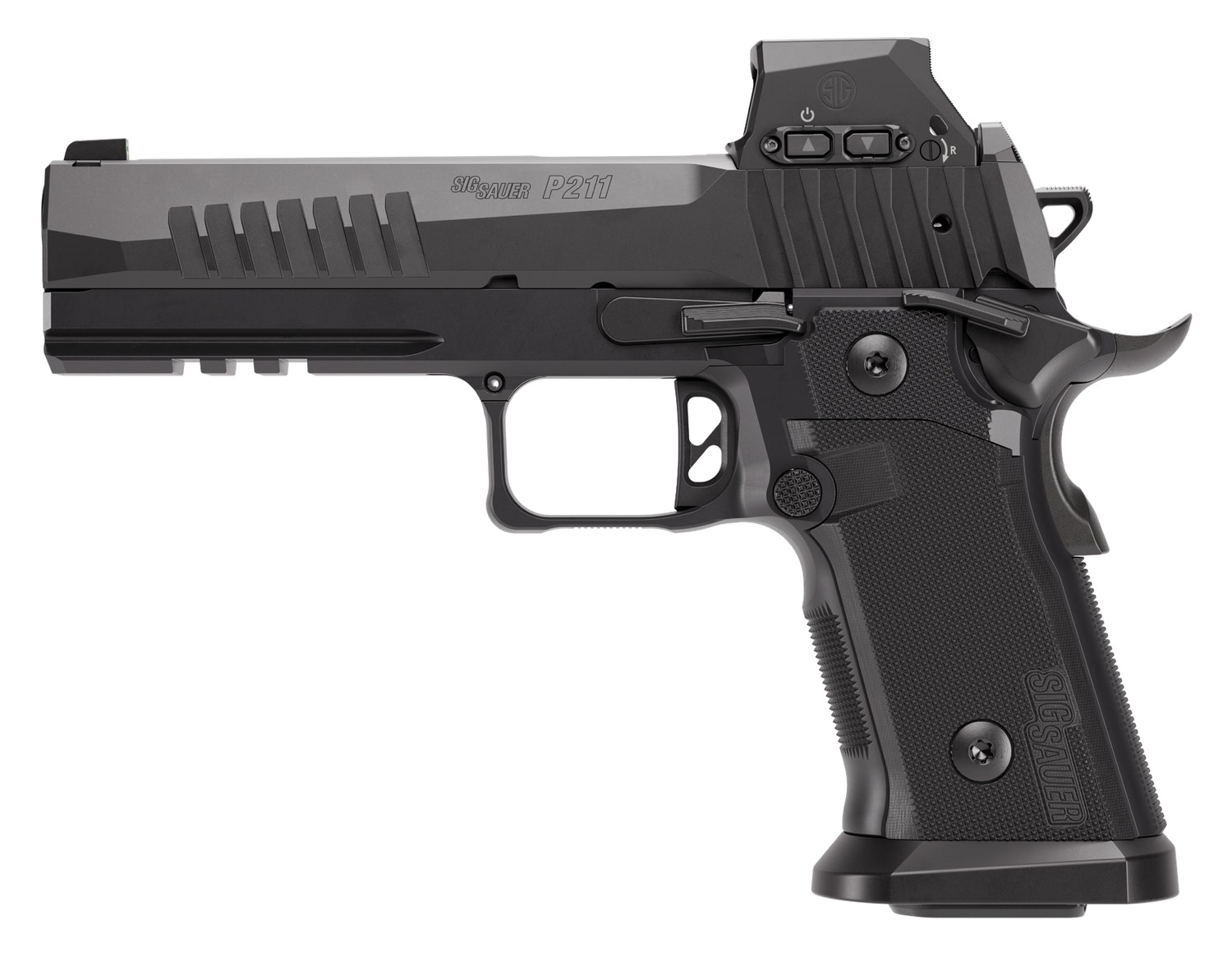 Sig Sauer 211F9GT5RXSL P211 GT5 w/Optic Full Size 9mm Luger 21+1 5″ Black Barrel, Black Nitron Stainless Steel Serrated w/Optic Slide & Frame w/Beavertail & Picatinny Rail, G10 Grip Panels, Sig ROMEO-