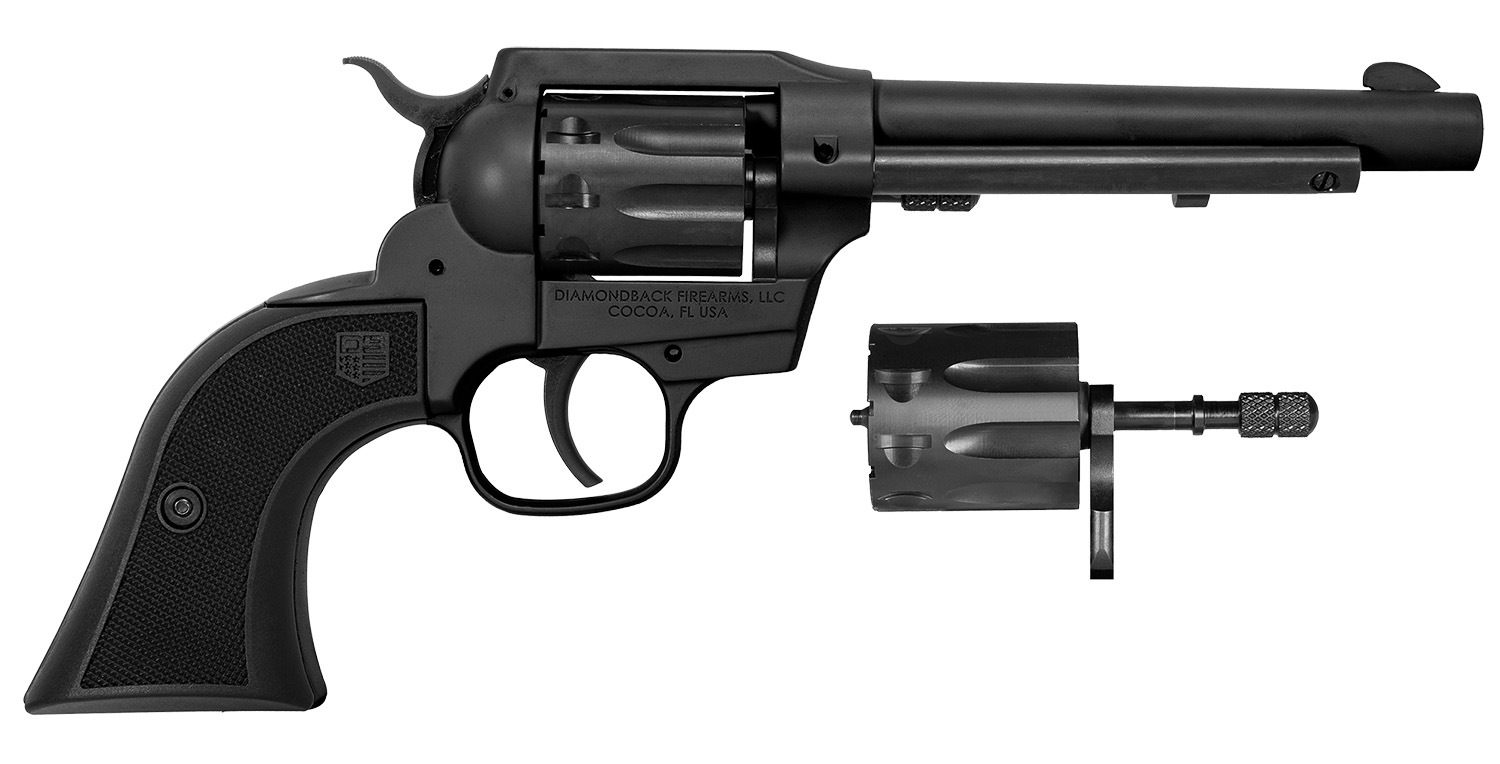 Diamondback DB053CA001 Sidekick 22 LR/22 Mag 9 Shot, 5.50″ Black Cerakote Steel Barrel & Cylinder, Black Cerakote Zinc Alloy Frame, Black Checkered GFN Grip, Exposed Hammer, Hammer Safety
