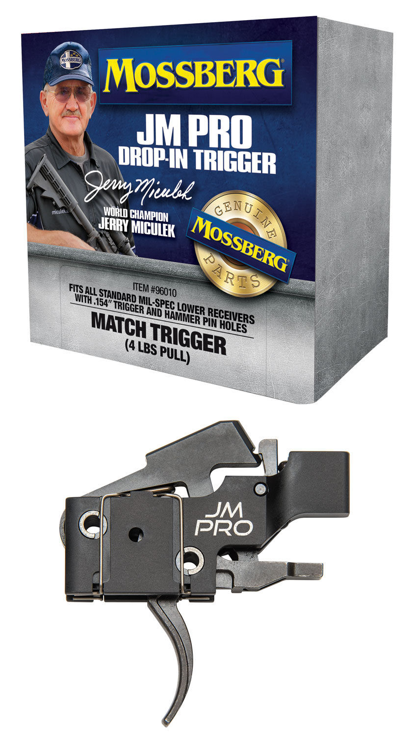 Mossberg 96010 JM Pro Adjustable Match AR Drop-In Trigger, Fits AR15s & AR10s w/.154″ Trigger & Hammer Pin Holes, Factory-Set 4 Pound Pull Weight