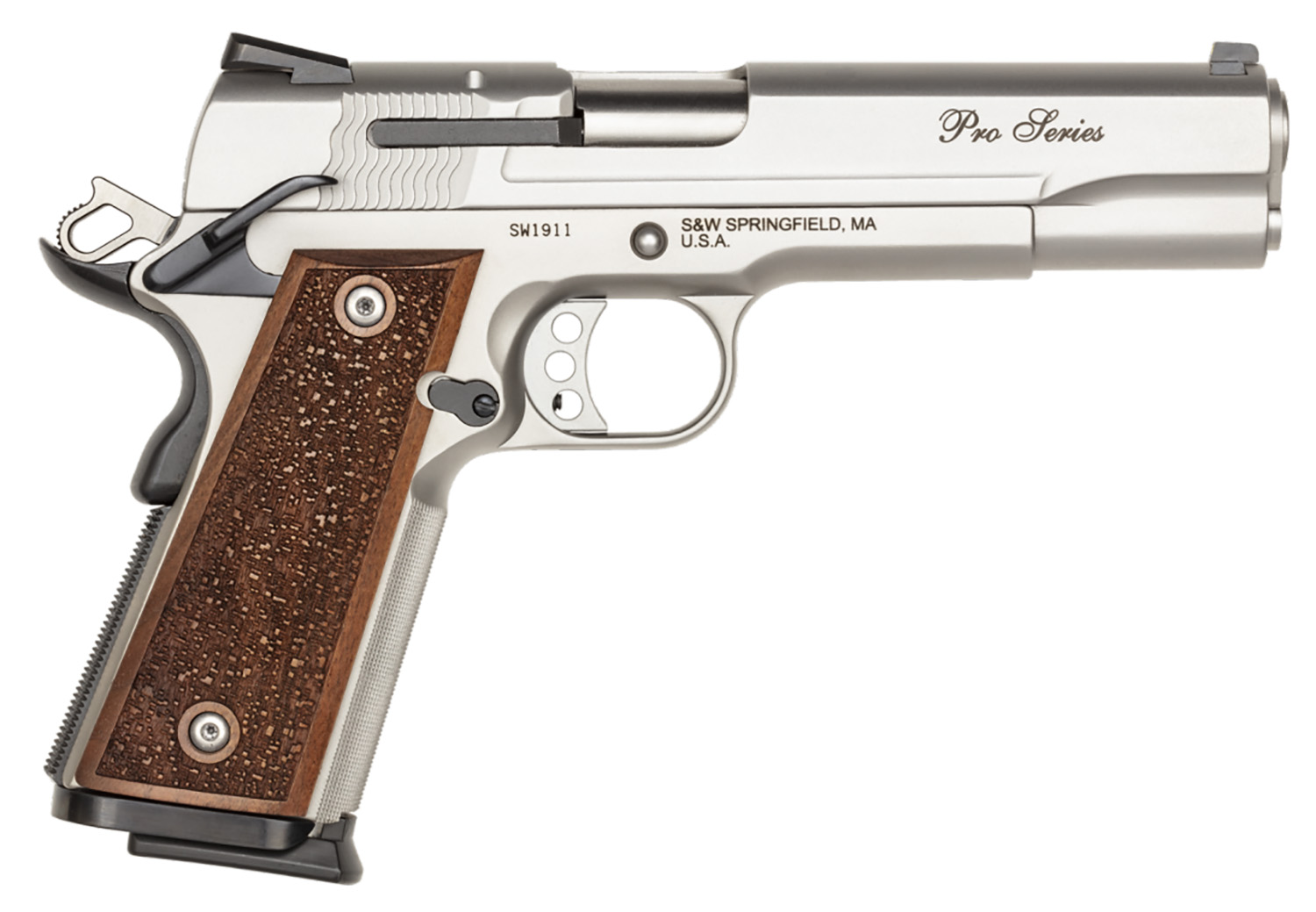 Smith & Wesson 178017 1911 Performance Center Pro Full Size Frame 9mm Luger 10+1, 5″ Stainless Steel Barrel, Matte Silver Serrated Stainless Steel Slide & Frame w/Beavertail, Wood Grip