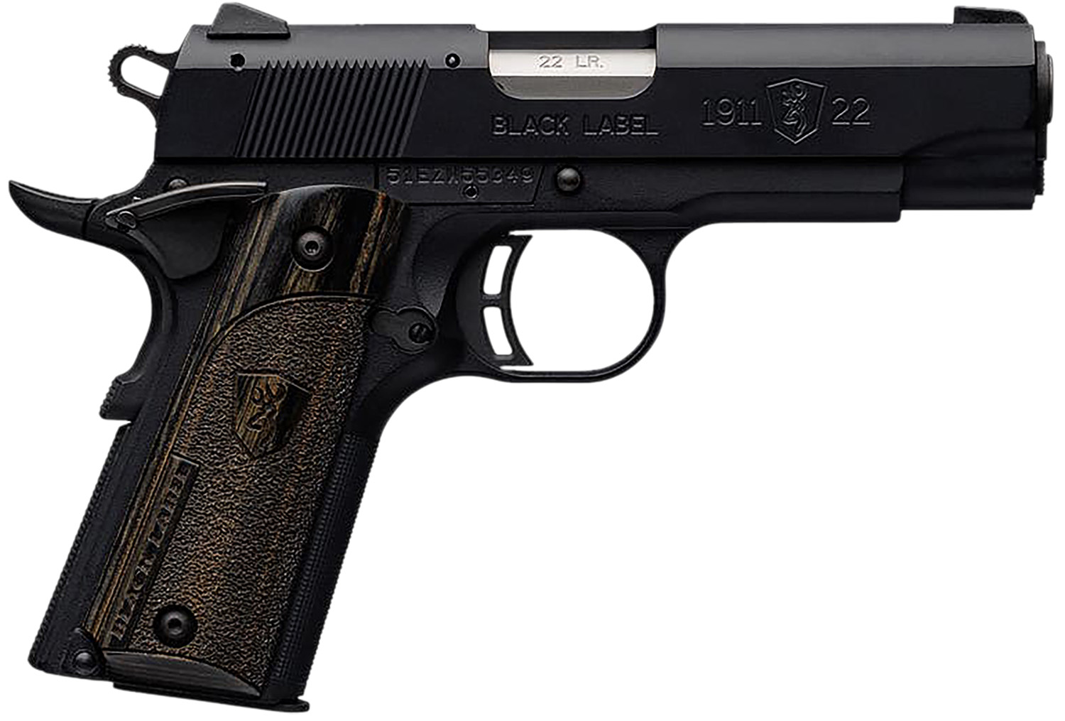 Browning 051815490 1911 Black Label Compact 22 LR 10+1 3.63″ Stainless Steel Barrel, Matte Black Serrated Slide & Polymer Frame w/Beavertail, Black Laminate Stippled Grip