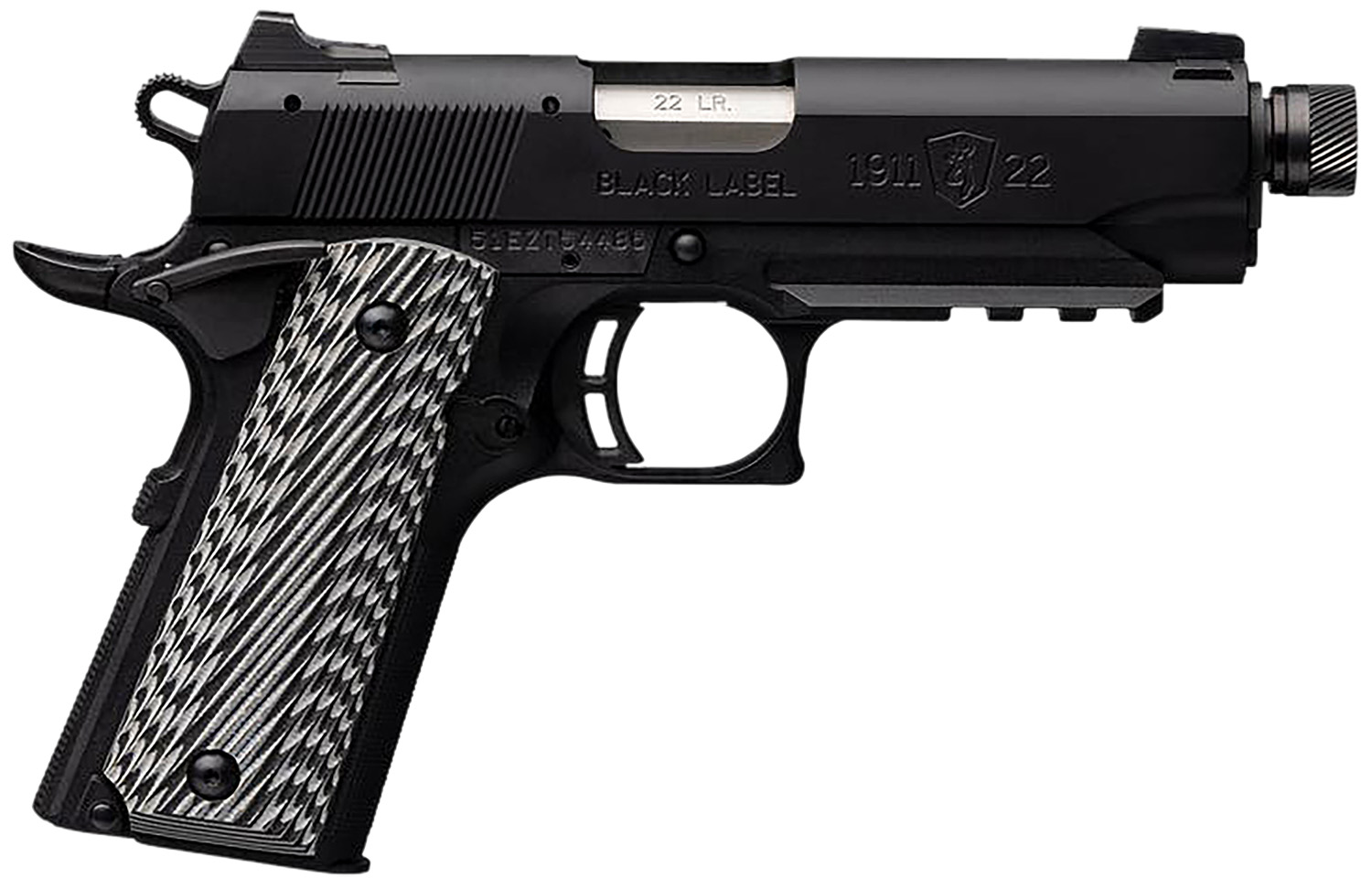 Browning 051821490 1911-22 Black Label Compact SR 22 LR 10+1 4.25″ 3.50″ Threaded Barrel, Matte Black Serrated Steel Slide & Polymer Frame w/Picatinny Rail & Beavertail, Black/Gray Textured G10 Grips