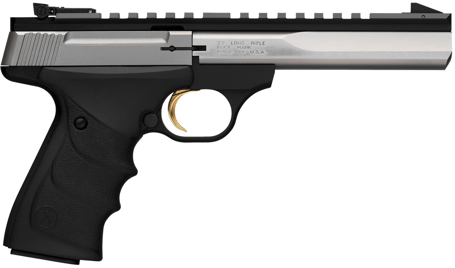 Browning 051507490 Buck Mark Contour 22 LR 10+1, 5.50″ Polished Flats Contoured Barrel, Matte Stainless Serrated w/Picatinny Rail Slide, Matte Black Anodized Frame, Black URX Grip, Ambidextrous