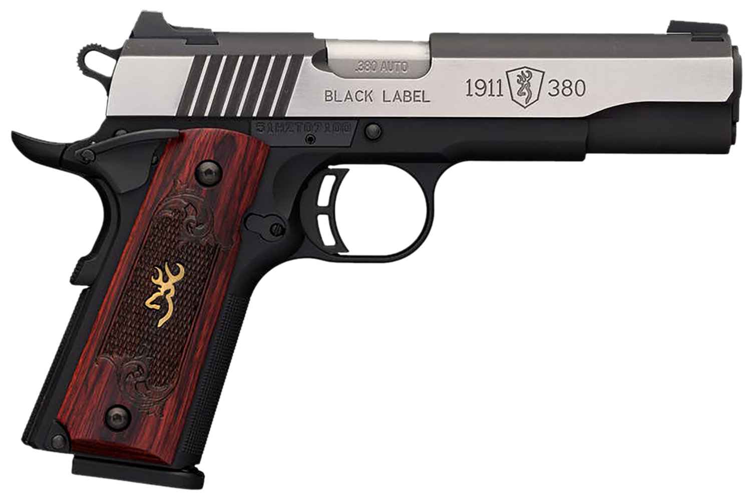 Browning 051914492 1911 Black Label Medallion Pro 380 ACP 8+1 4.25″ Target Crown Barrel, Blackened w/Silver Polished Flats Serrated SS Slide, Matte Black Polymer Frame w/Beavertail