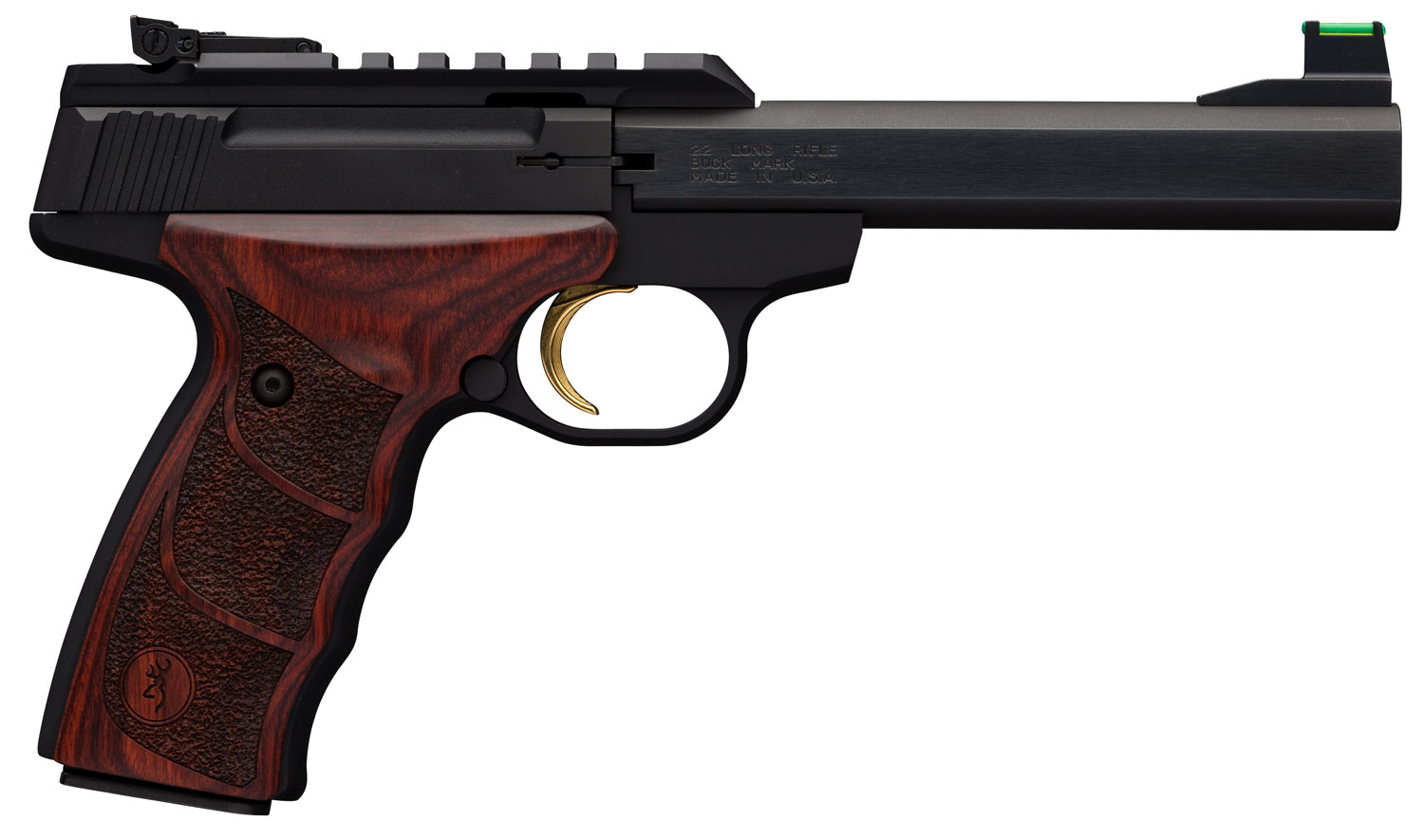 Browning 051533490 Buck Mark Plus 22 LR 10+1 5.50″ Slab Side Barrel Matte Black Serrated Steel/Optic Ready Slide & Aluminum Frame Rosewood Finger Grooved Ultragrip DX Grip