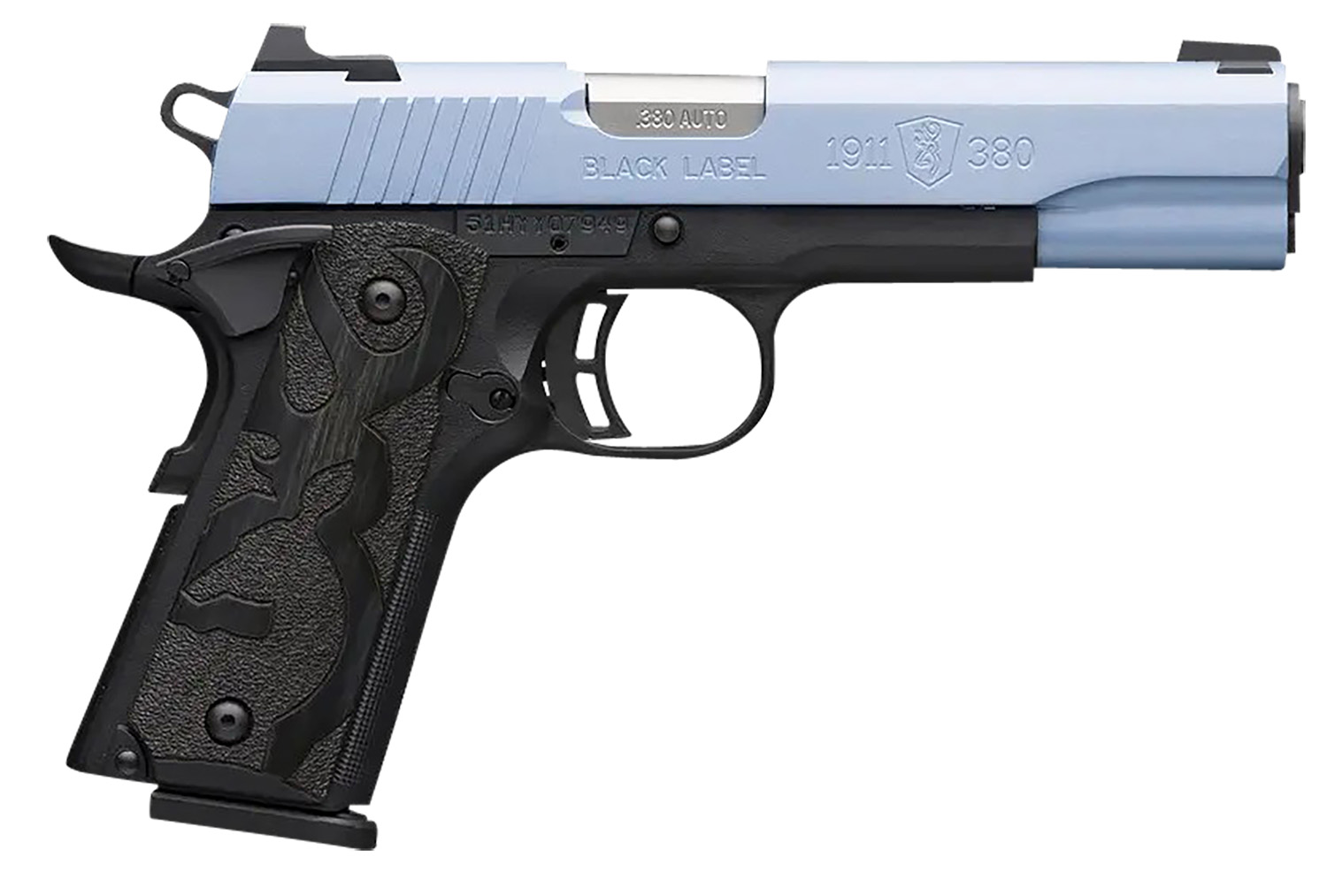 Browning 051989492 1911-380 Black Label Full Size Frame 380 ACP 8+1, 4.25″ Matte Stainless Steel Barrel, Polar Blue Cerakote Serrated Aluminum Slide, Matte Black Polymer Frame w/Beavertail