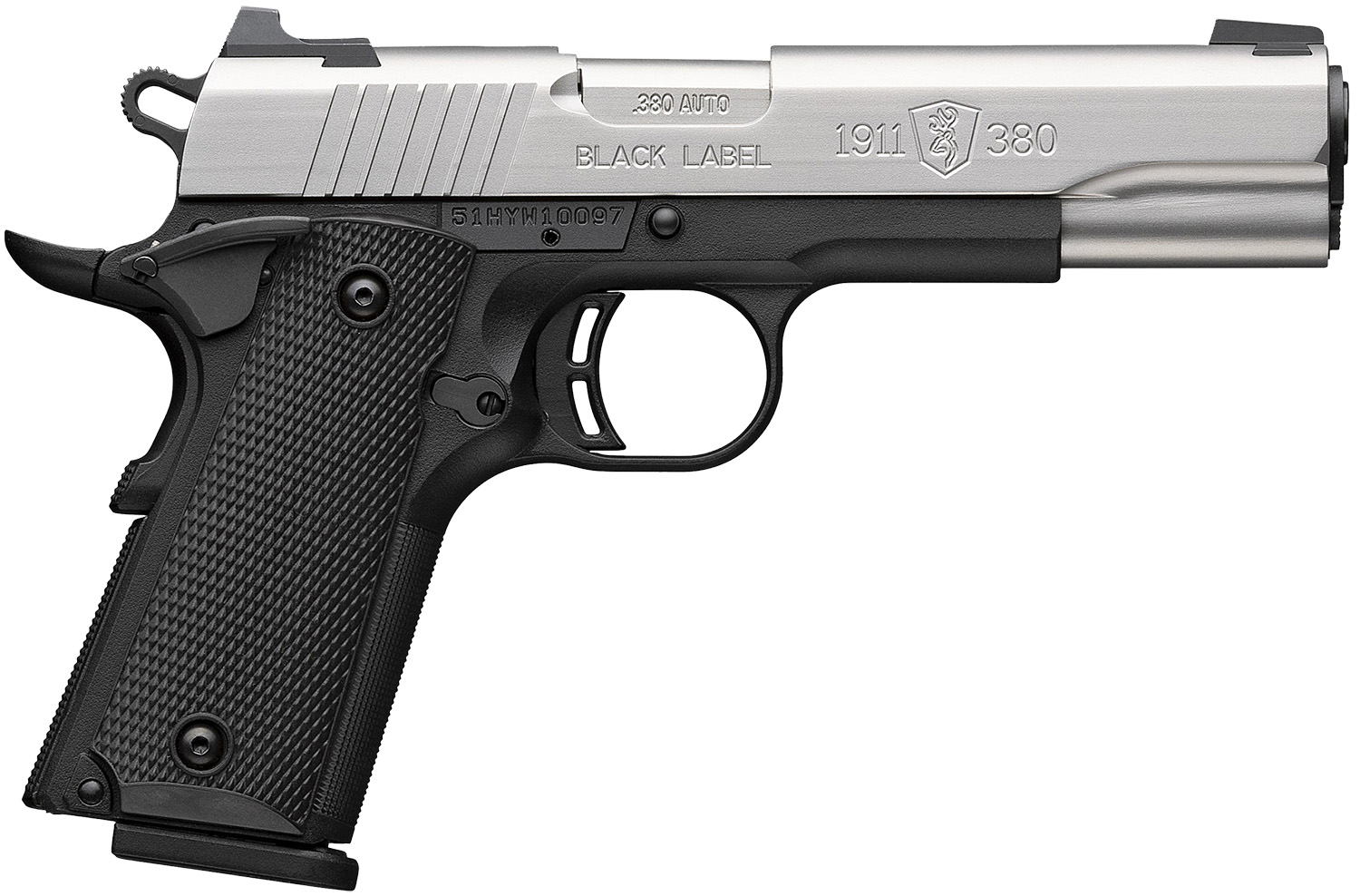 Browning 051118492 1911 Black Label Full Size 380 ACP 8+1 4.25″ Stainless Steel Barrel, Satin Stainless Steel Serrated Slide, Matte Black Polymer Frame, Black Polymer Grip