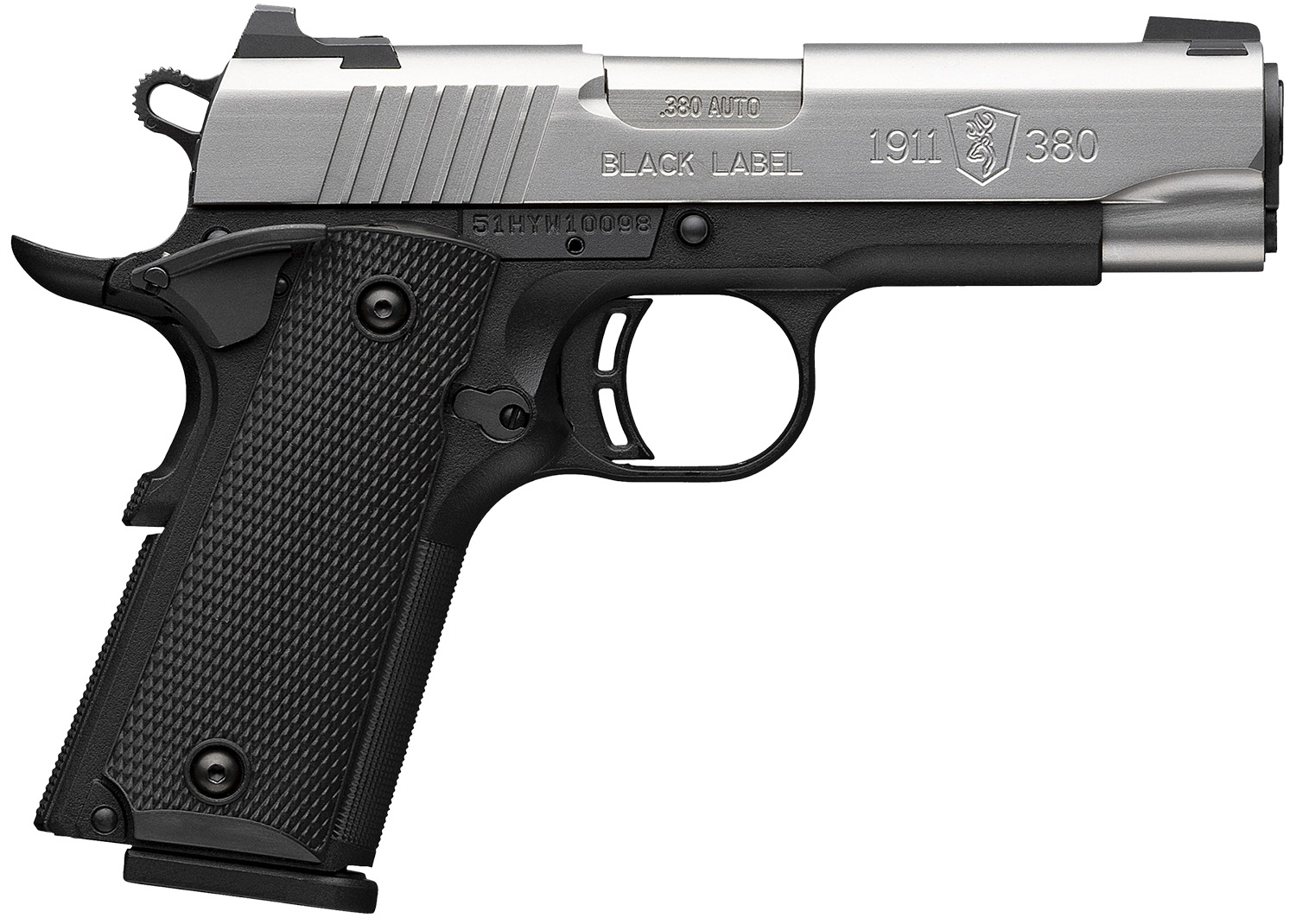 Browning 051119492 1911 Black Label Compact 380 ACP 8+1 3.63″ Stainless Steel Barrel, Satin Stainless Steel Serrated Slide, Matte Black Polymer Frame, Black Polymer Grip