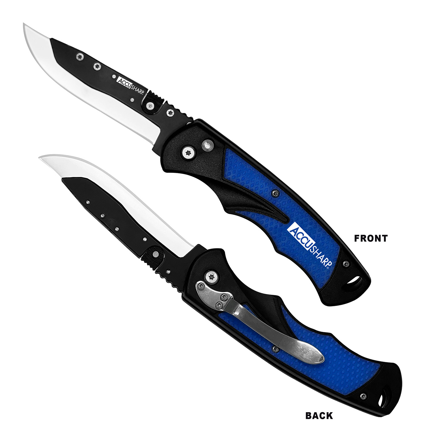 AccuSharp 743C Replaceable Blade Razor 3.50″ Folding Plain Stainless Steel Blade/Royal Blue Ergonomic Anti-Slip Anodized Aluminum Handle/Includes 2 Replacement Blades/Belt Clip