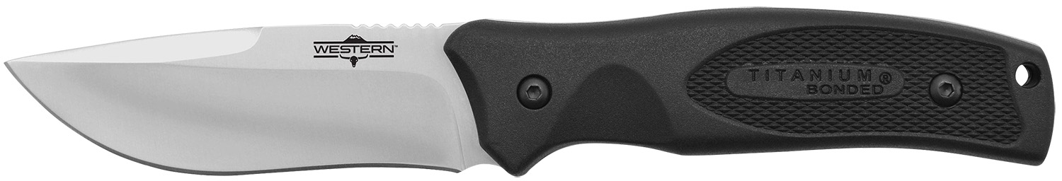 Camillus 19232 Western Black River 3.75″ Fixed Drop Point Plain Satin 420 Steel Titanium Bonded Blade, Black Rubber Handle, Includes Sheath