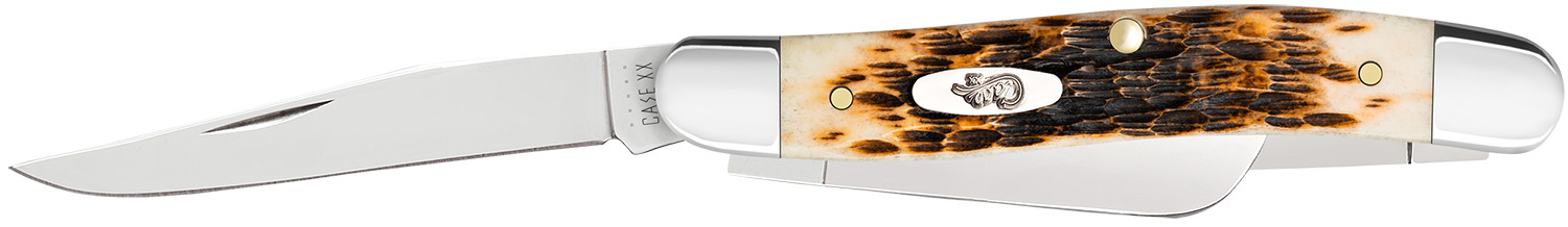 Case 00042 Stockman Medium 2.57″/1.88″/1.71″ Folding Clip Point/Sheepsfoot/Spey Plain Mirror Polished Tru-Sharp SS Blade Peach Seed Jigged Amber Bone Handle
