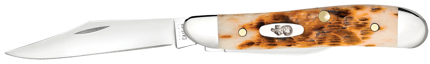 Case 00045 Peanut 2.10″/1.53″ Folding Clip Point/Pen Plain Mirror Polished Tru-Sharp SS Blade, Peach Seed Jigged Amber Jigged Bone Handle