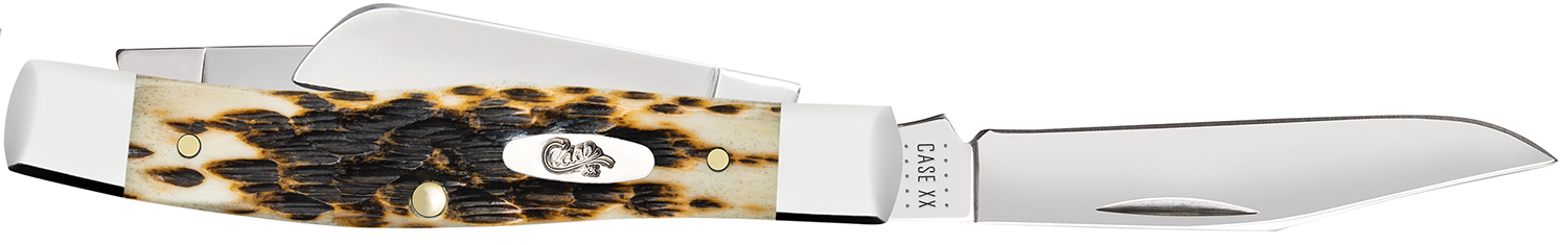 Case 00079 Stockman Medium 2.57″/1.88″/1.76″ Folding Clip/Sheepsfoot/Pen Plain Mirror Polished Chrome Vanadium Steel Blade/Peach Seed Jigged Amber Bone Handle