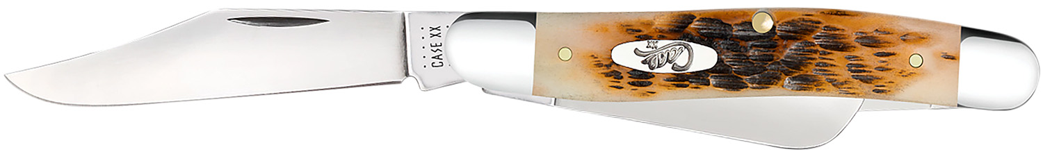 Case 00128 Stockman Medium 2.92″/2.15″/1.90″ Folding Clip/Sheepsfoot/Spey Plain Mirror Polished Tru-Sharp SS Blade/Peach Seed Jigged Amber Bone Handle