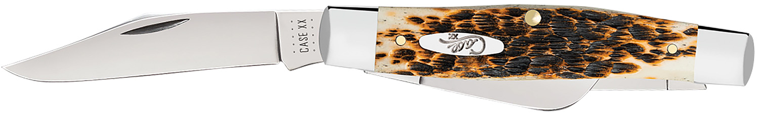 Case 00204 Stockman Large 3.30″/2.30″/2.20″ Folding Clip Point/Pen/Sheepsfoot Plain Mirror Polished Carbon Steel Blade, Peach Seed Jigged Amber Bone Handle