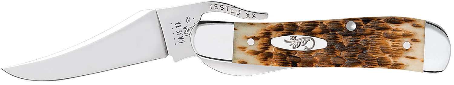 Case 0260 6 RussLock 2.70″ Folding RussLock Clip Plain Mirror Polished Tru-Sharp SS Blade/Peach Seed Jigged Amber Bone Handle