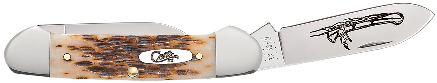 Case 00263 Canoe 2.60″/1.97″ Folding Spear/Pen Plain Mirror Polished Chrome Vanadium Steel Blade/Peach Seed Jigged Amber Bone Handle