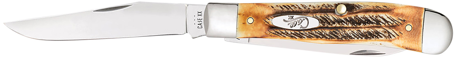 Case 03573 Trapper 3.25″ Folding Clip Point/Spey Plain Mirror Polished Tru-Sharp SS Blades, Burnt Dark Amber 6.5 BoneStag Handle