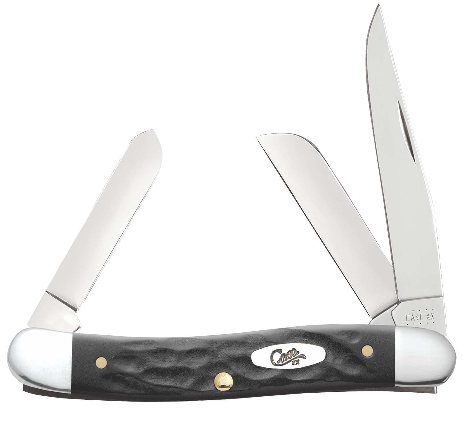 Case 18222 Stockman Medium Folding, 2.57″/1.88″/1.71″ Clip Point/Sheepsfoot/Spey Plain Mirror Polished Tru-Sharp SS Blade, Rough Black Jigged Synthetic Handle