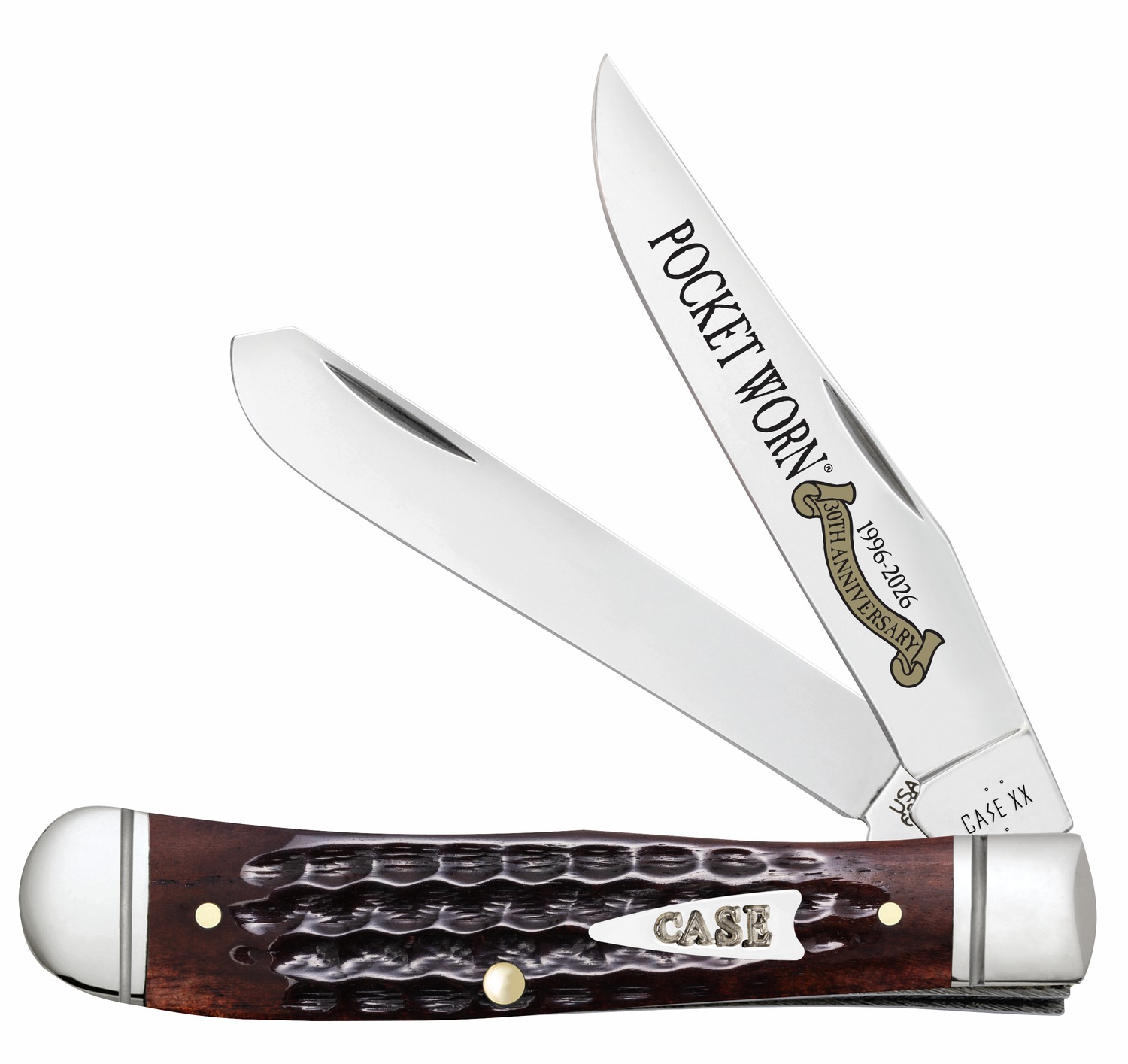 Case 55231 Pocket Worn Trapper Mini Folding 2.75″ Clip Point & Spey Plain Mirror Polished Tru-Sharp SS Blades, Corn Cob Jigged Mahogany Bone Handle