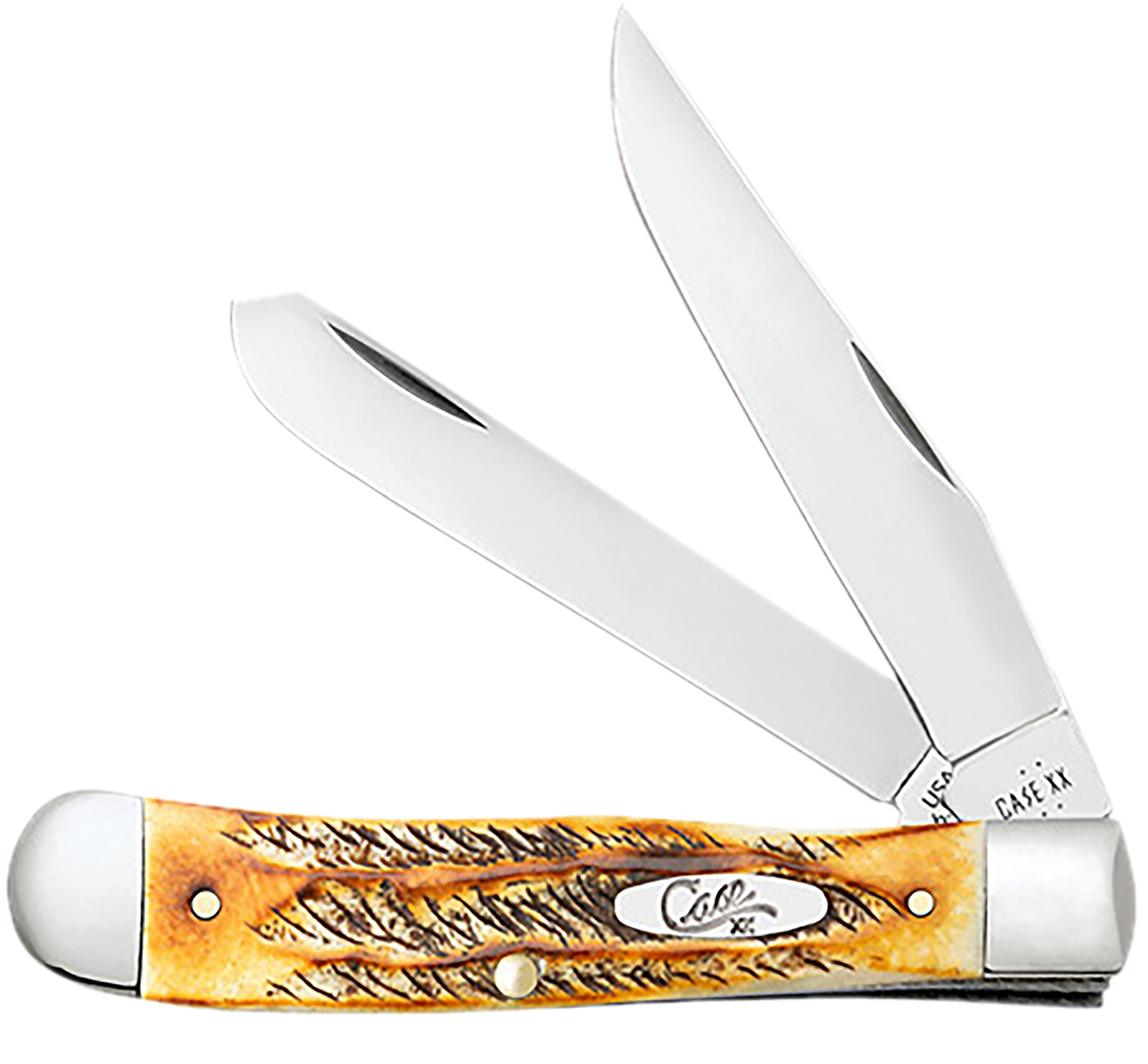 Case 65345 Trapper 3.25″ Folding Clip Point/Spey Plain Mirror Polished Tru-Sharp SS Blades, Burnt Dark Amber 6.5 BoneStag Handle, Includes Pocket Clip