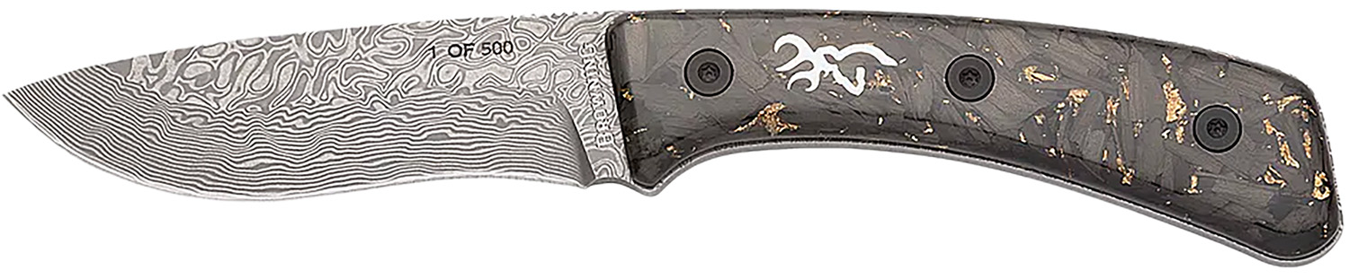 Browning 3220570B Rock 3.50″ Fixed Drop Point Plain Acid Etch Damascus Blade, Carbon Fiber Handle