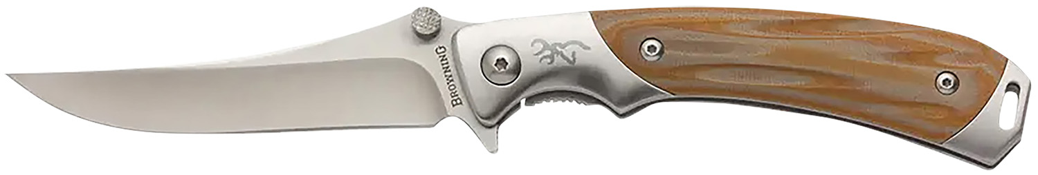 Browning 3220330 Wicked Wing 3.50″ Folding Trailing Point Plain Satin 7Cr17MoV SS Blade Amber/Satin G10/SS Handle Includes Pocket Clip