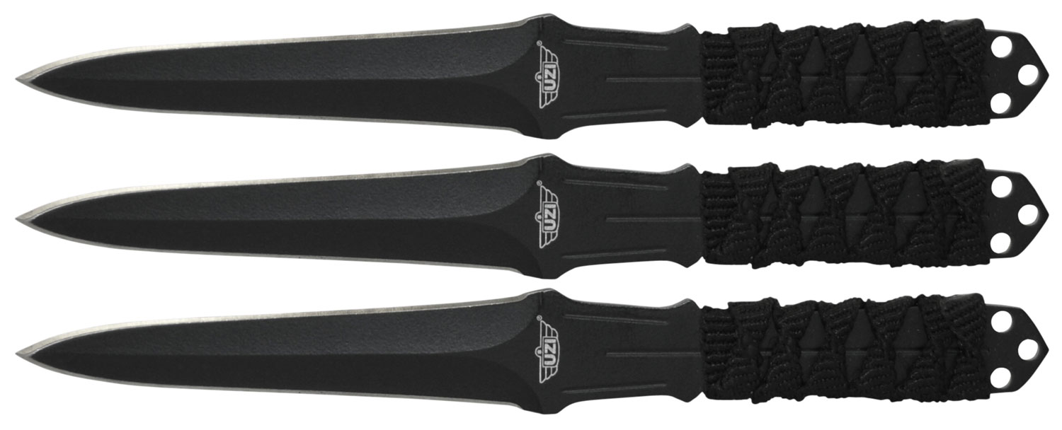 Uzi Accessories UZKTRW003 Throwing Knives 3″ Fixed Straight Back Plain Black Stainless Steel Blade Black Nylon Cord Wrapped Handle