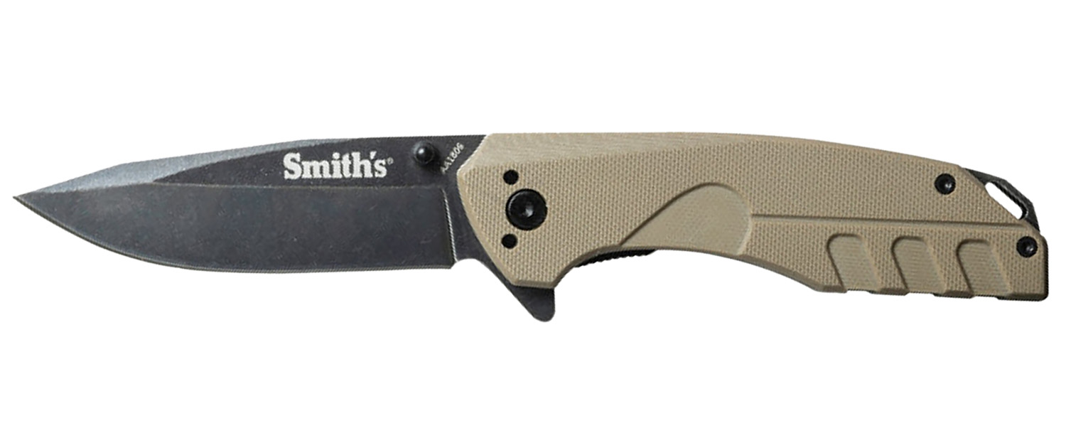 Smiths Products 50995 BattlePlan 3.35″ Folding Drop Point Plain Black Stonewashed 400 SS Blade/ Desert Tan G10 Handle Includes Pocket Clip