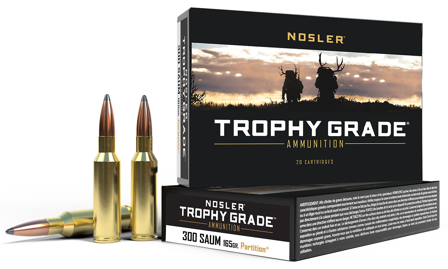 Nosler 60061 Trophy Grade 300RemSAUM 165gr Nosler Spitzer Partition 20 Per Box/10 Case