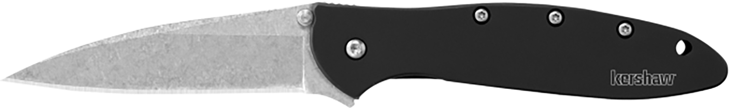 Kershaw 1660SWBLK Leek  3″ Folding Drop Point Plain Stonewashed 14C28N Steel Blade Black Anodized Aluminum Handle Includes Pocket Clip