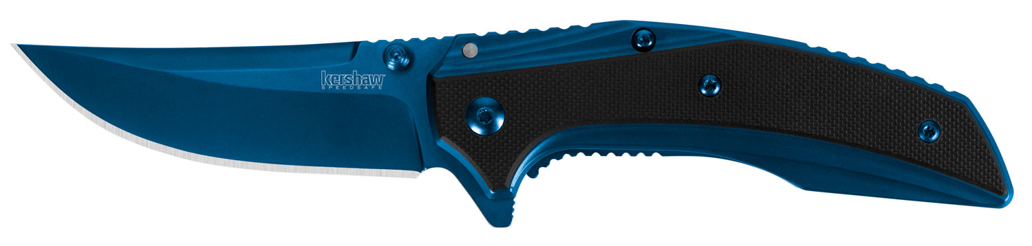 Kershaw 8320 Outright  3″ Folding Trailing Point Plain Blue PVD 8Cr13MoV SS Blade Black/Blue G10/SS Handle Includes Pocket Clip